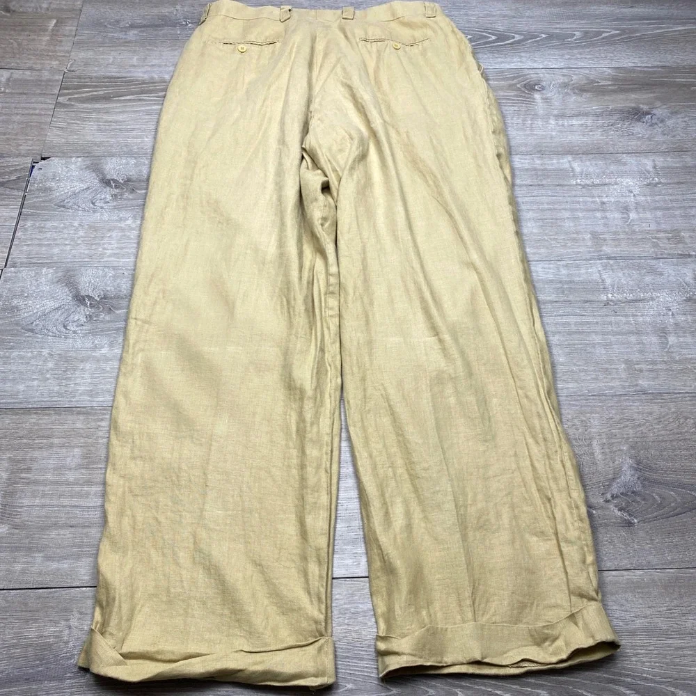 Inserch Linen Pleated Trousers Mens 38 Tan Wide Leg Cuffed Summer Dress Pants